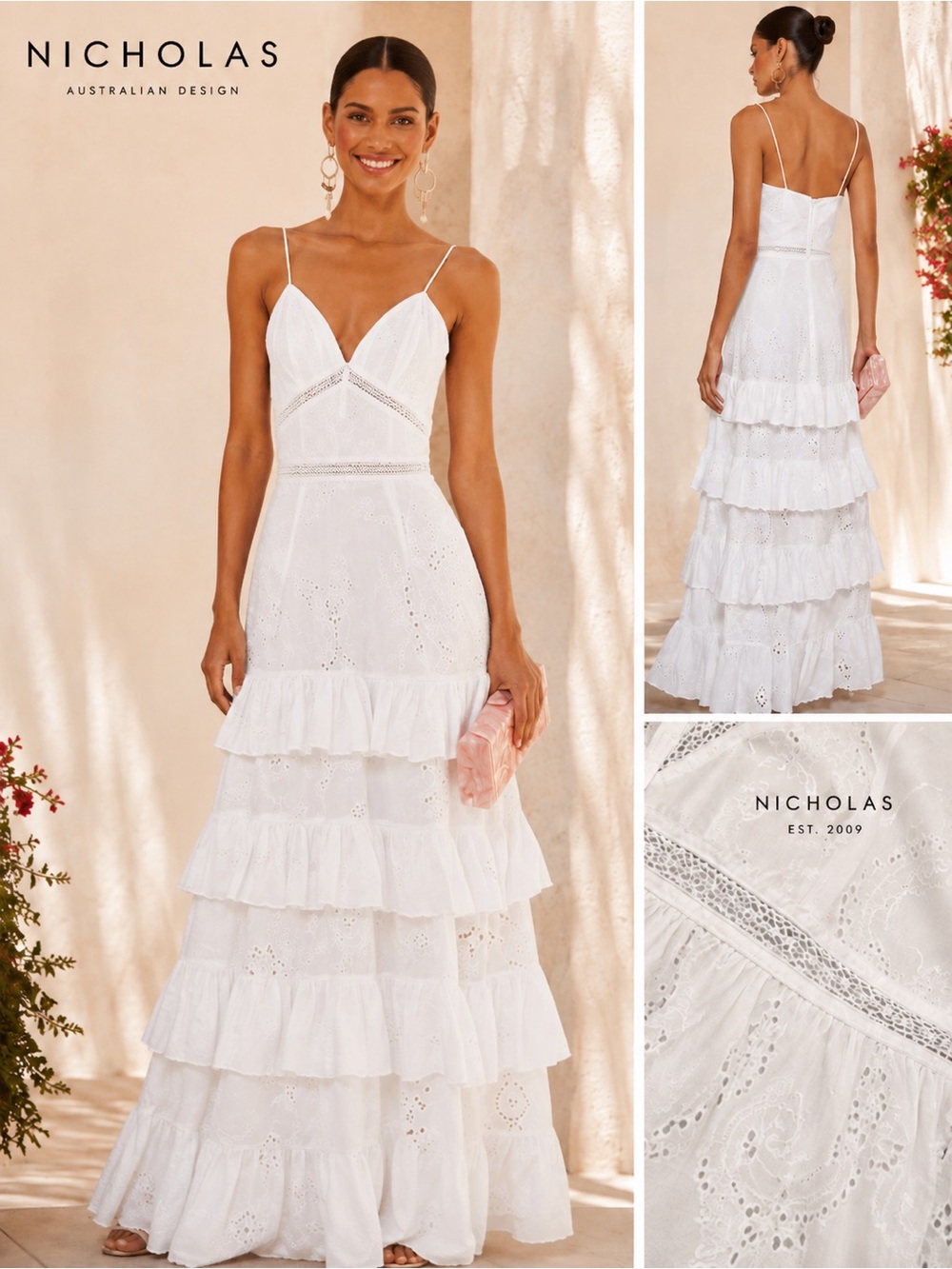 NICHOLAS White Broderie Eyelet Tiered Maxi Dress US 6 Romantic Wedding $662